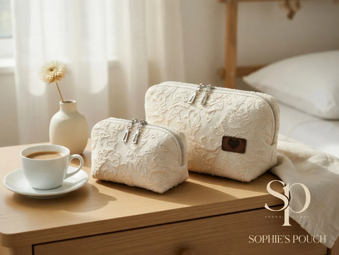 Dwie kremowe kosmetyczki żakardowe na drewnianym stoliku, poranne światło, kawa