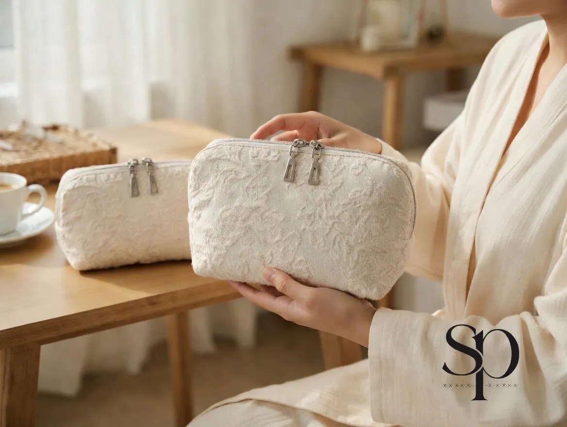 Kobieta trzyma kremową kosmetyczkę żakardową