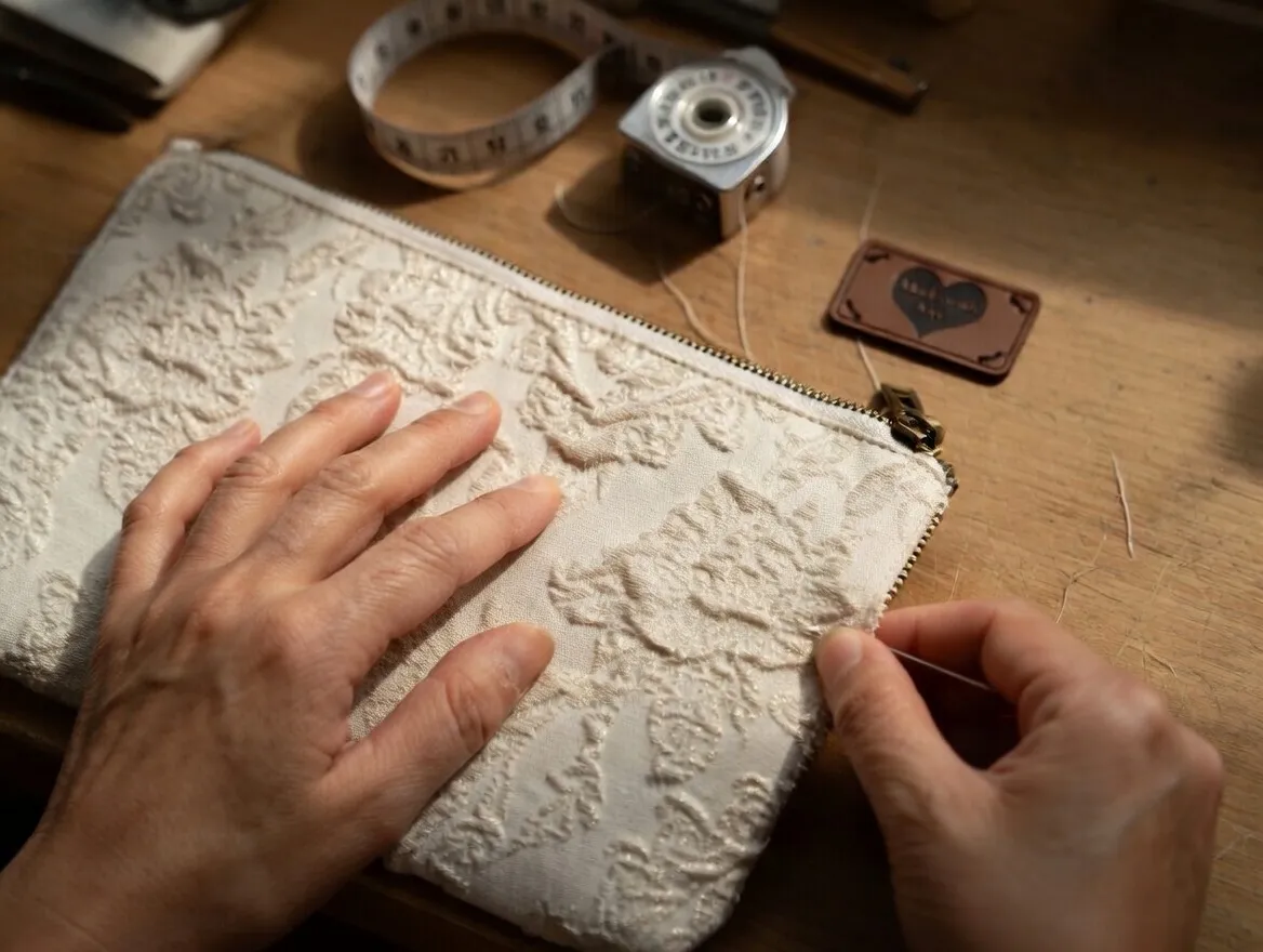 Detal ręcznego szycia — wypukła tekstura żakardowej tkaniny, narzędzia krawieckie