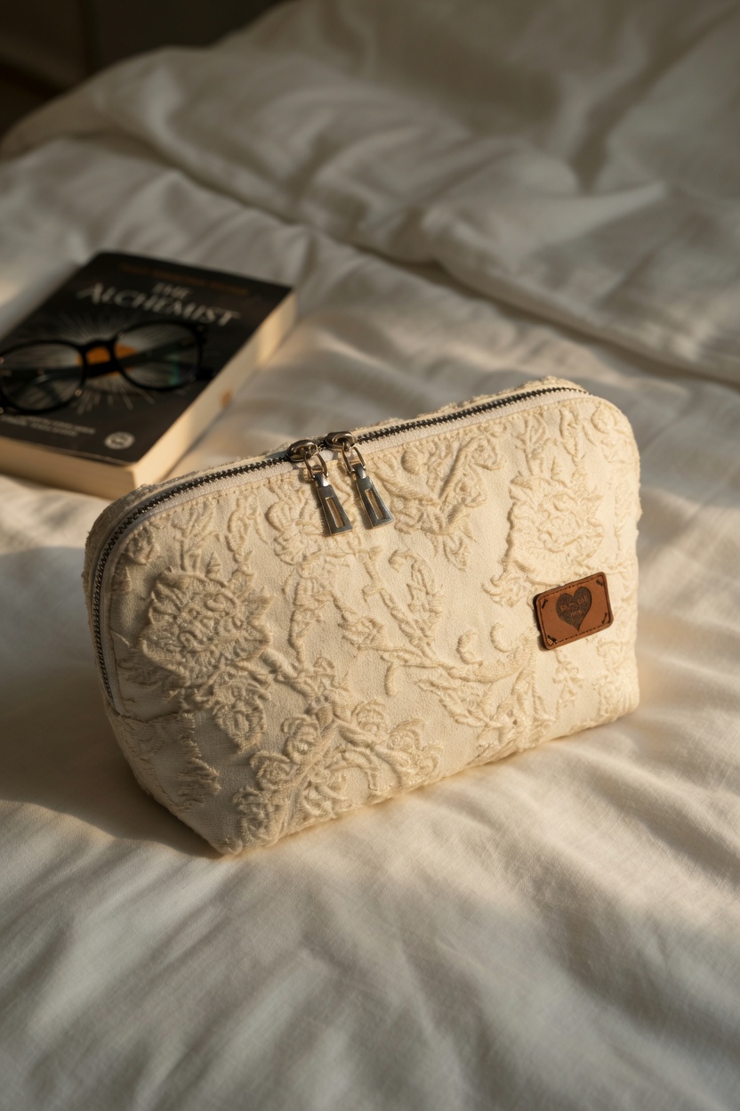 Kremowa kosmetyczka żakardowa na lnianej pościeli, poranne światło, książka