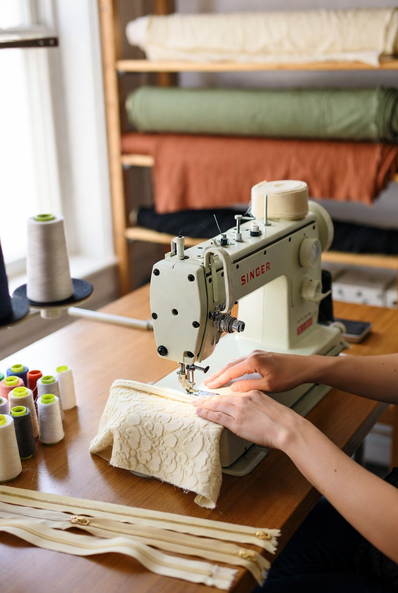Ręce twórczyni przy maszynie Singer, szycie żakardowej tkaniny